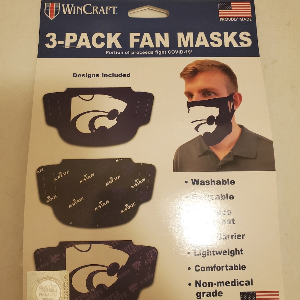 3 PACK FAN FACE MASKS NCAA KANSAS STATE WILDCATS BLACK WHITE PURPLE